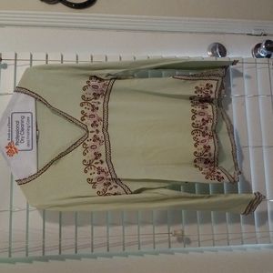 Lip Gloss embroidered tunic, S, light green with brown, rayon, long sleeved